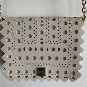 Stuart Weitzman White Leather Flap Over Gold Chain Peekaboo Cutouts Style